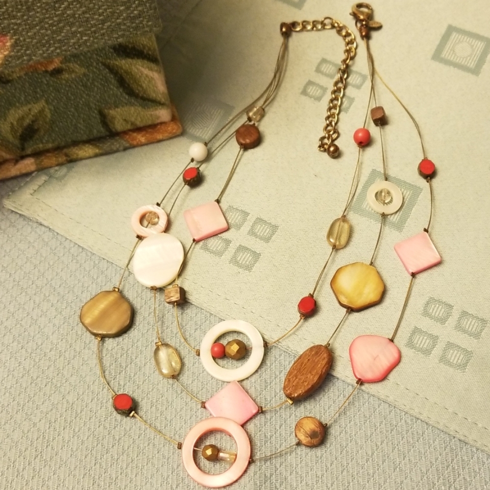 Chico's Pink & Wood Beaded Necklace